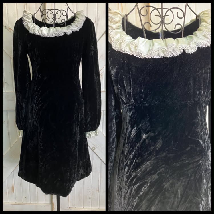 60's Vintage Black Velvet Wednesday Adams Family Mod GoGo Goth Mini Dress *FLAW