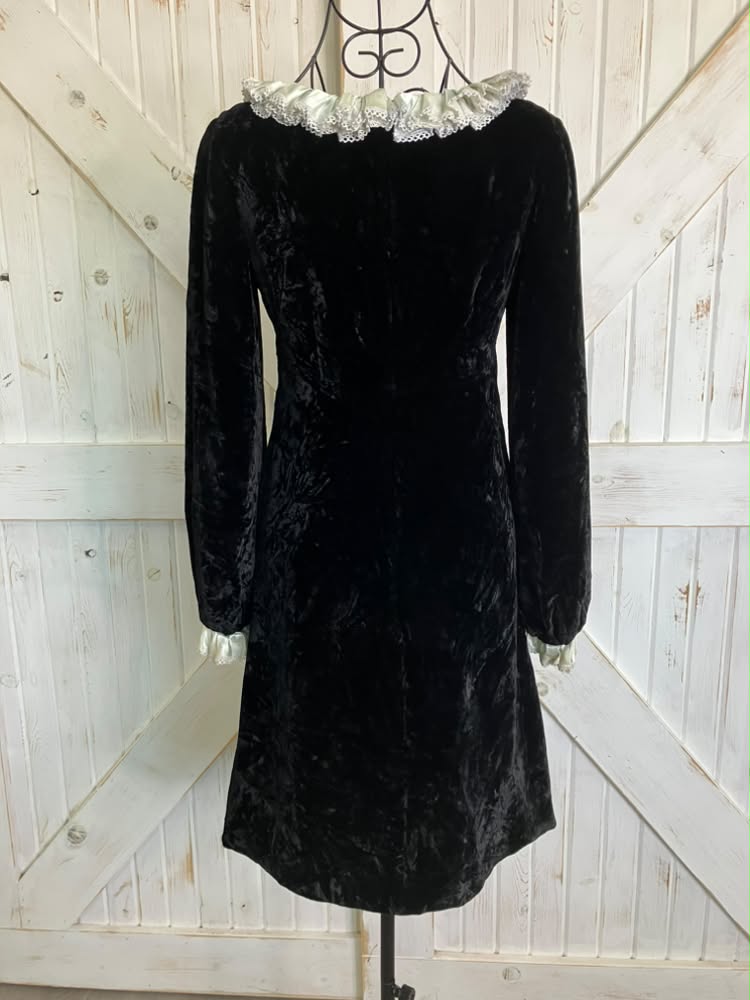 60's Vintage Black Velvet Wednesday Adams Family Mod GoGo Goth Mini Dress *FLAW