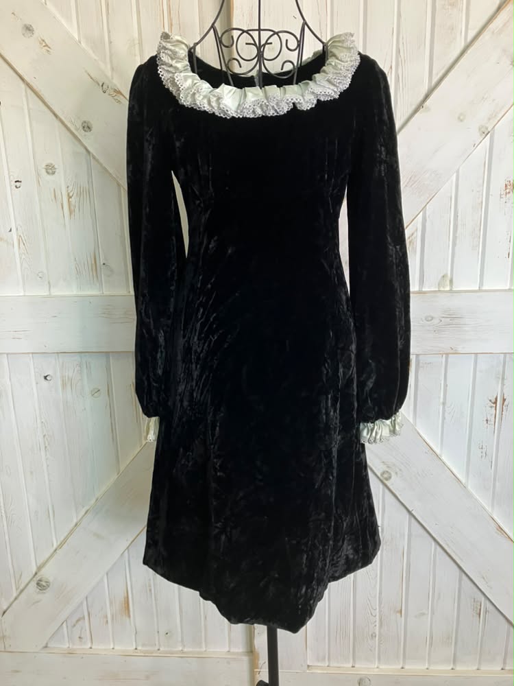 60's Vintage Black Velvet Wednesday Adams Family Mod GoGo Goth Mini Dress *FLAW