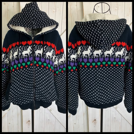 80's Vintage Outerbound HMS Black Rainbow Unicorn Heart Knit Sherpa Hoodie Hooded Apres Ski Jacket