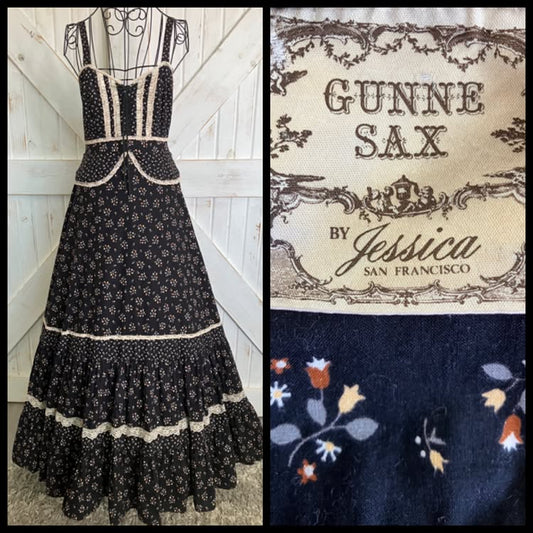 70's Vintage Gunne Sax Black White Calico Corset Peplum Prairie Maxi Sundress Dress *FLAWS