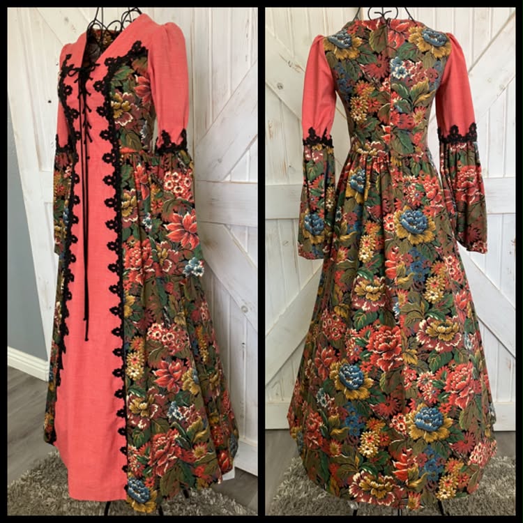 70's Vintage Gunne Sax Peach Rainbow Tapestry Renaissance Princess Faire Corset Maxi Dress