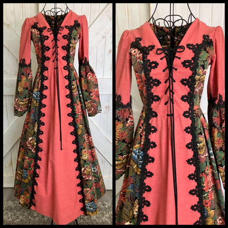 70's Vintage Gunne Sax Peach Rainbow Tapestry Renaissance Princess Faire Corset Maxi Dress