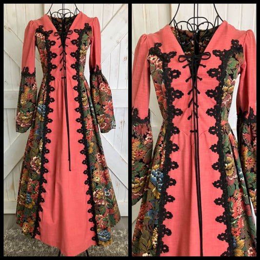 70's Vintage Gunne Sax Peach Rainbow Tapestry Renaissance Princess Faire Corset Maxi Dress