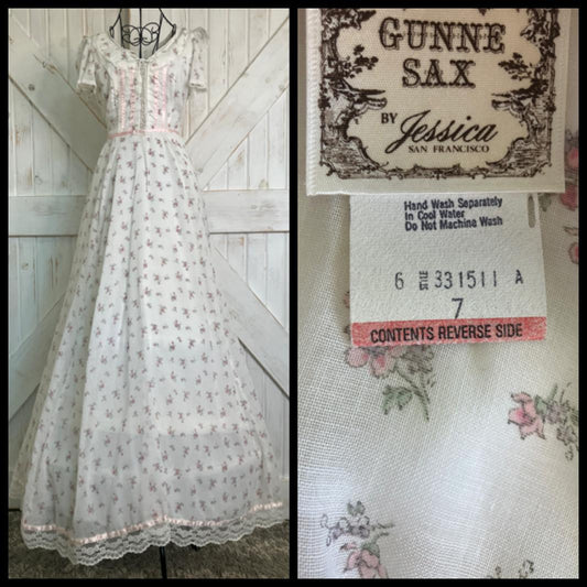 70's Vintage Gunne Sax White Pink Calico Sweetheart Corset Prairie Maxi Dress 7
