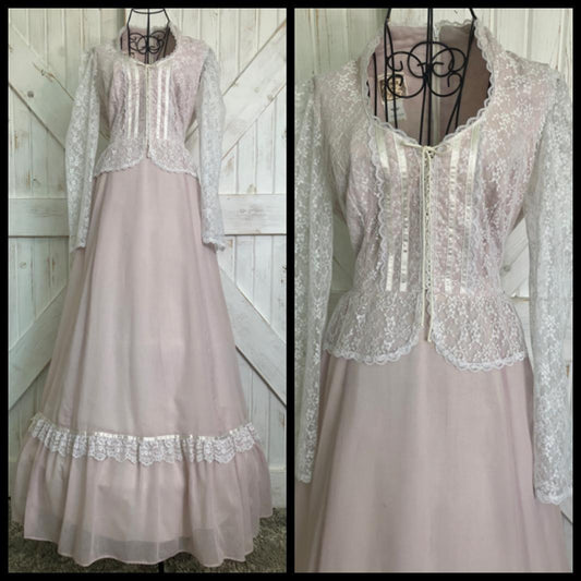 70's Vintage Gunne Sax Pink White Lace Peplum Prairie Corset Maxi Dress 11