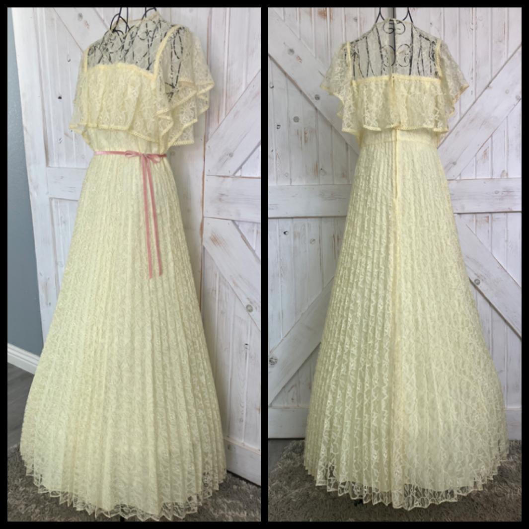70's Vintage Sunshine Yellow Lace Chiffon Pleated Prom Dance Maxi Dress