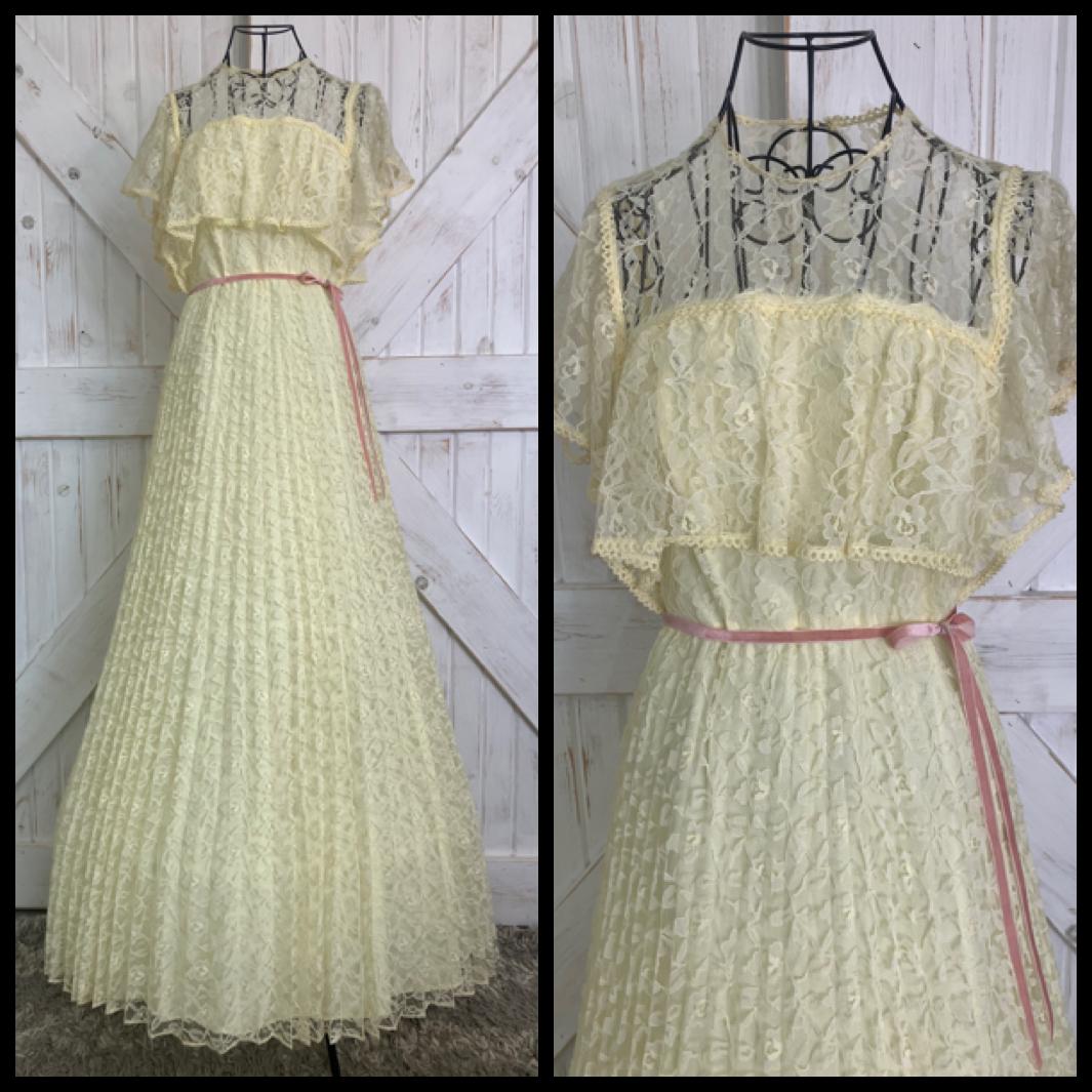 70's Vintage Sunshine Yellow Lace Chiffon Pleated Prom Dance Maxi Dress