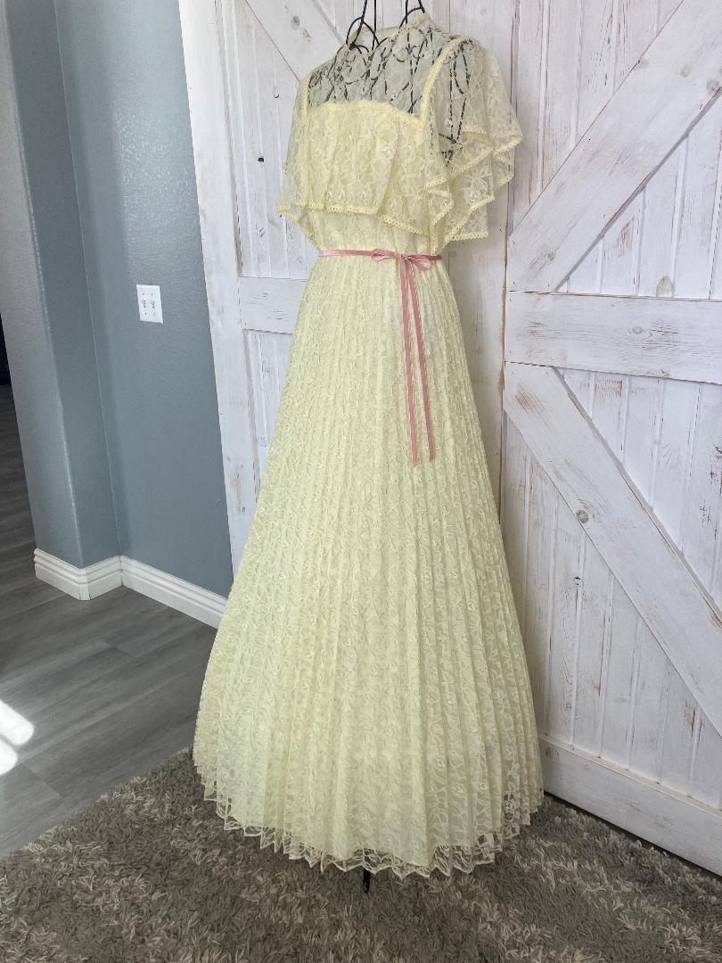 70's Vintage Sunshine Yellow Lace Chiffon Pleated Prom Dance Maxi Dress
