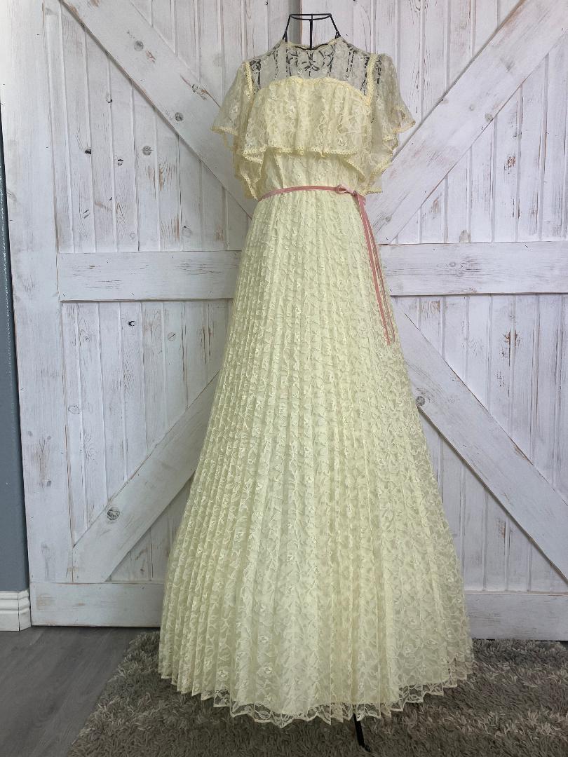 70's Vintage Sunshine Yellow Lace Chiffon Pleated Prom Dance Maxi Dress