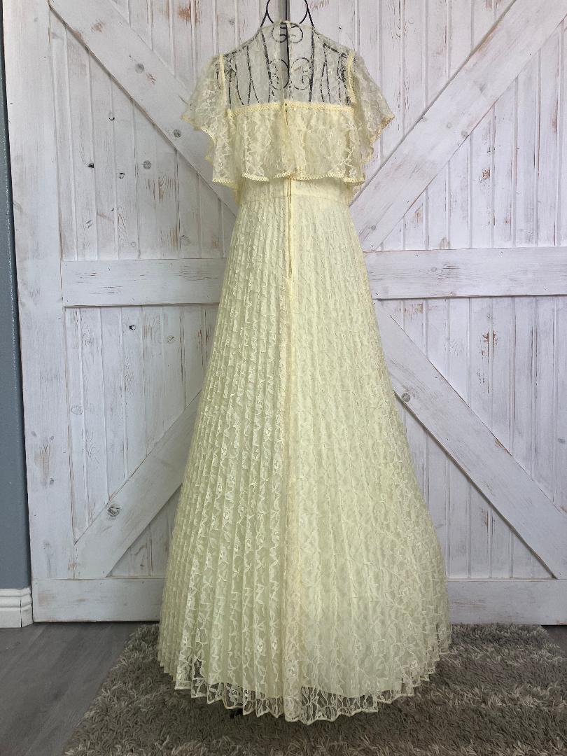 70's Vintage Sunshine Yellow Lace Chiffon Pleated Prom Dance Maxi Dress