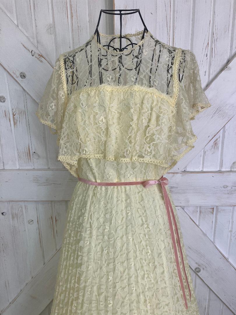 70's Vintage Sunshine Yellow Lace Chiffon Pleated Prom Dance Maxi Dress