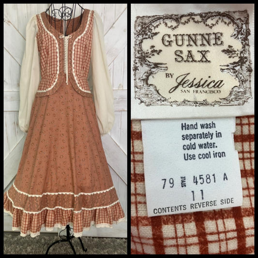 70's Vintage Gunne Sax Peach White Plaid Calico Peplum Prairie Corset Midi Dress 11