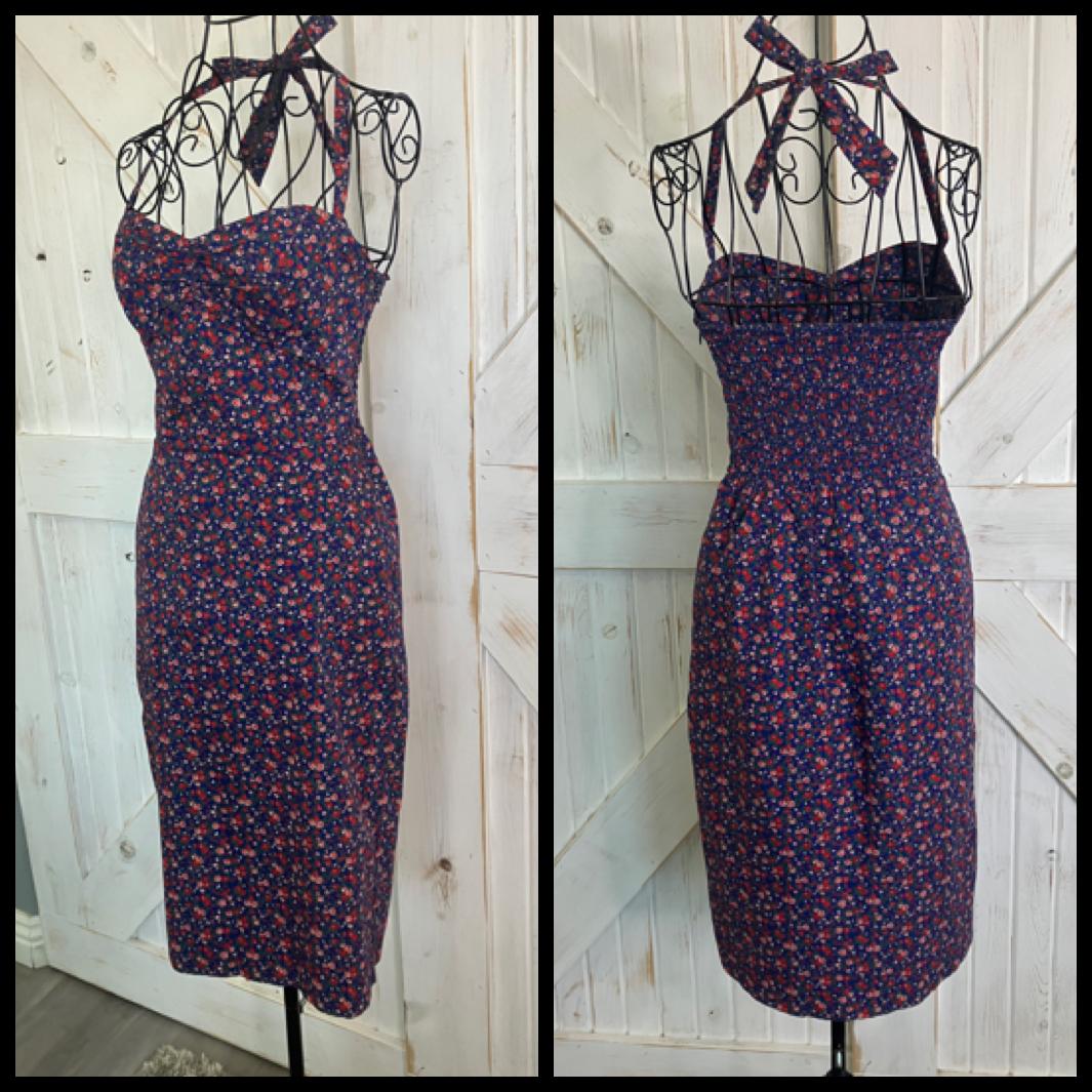90's Vintage Betsey Johnson Blue Red Green Calico Halter Pin Up Midi Pencil Sundress Dress