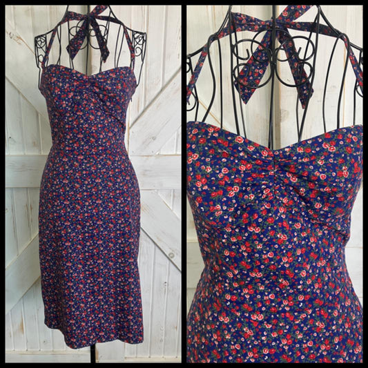 90's Vintage Betsey Johnson Blue Red Green Calico Halter Pin Up Midi Pencil Sundress Dress