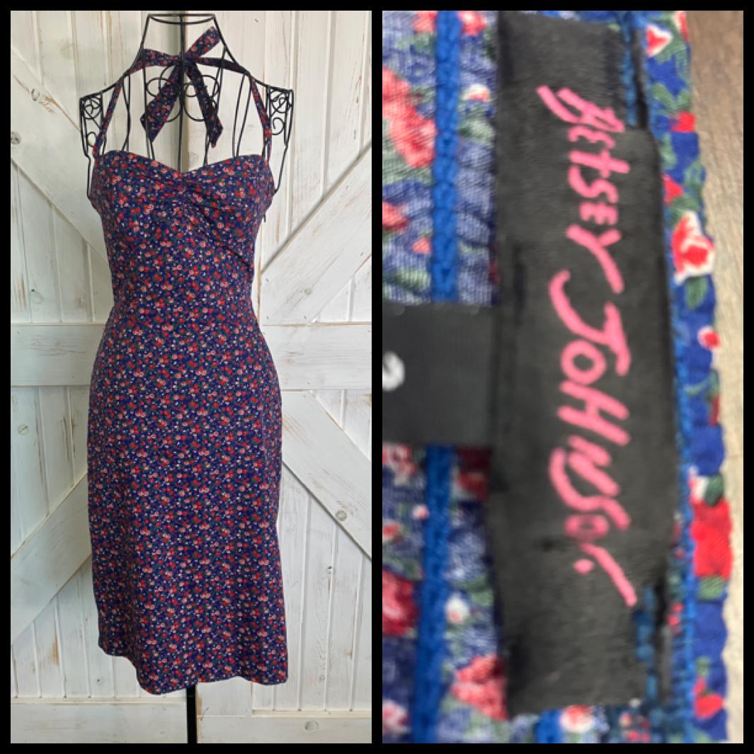 90's Vintage Betsey Johnson Blue Red Green Calico Halter Pin Up Midi Pencil Sundress Dress