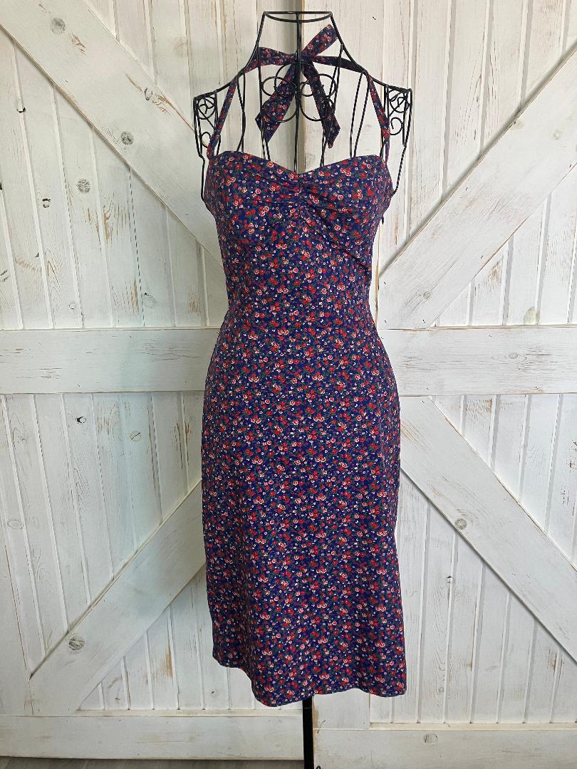 90's Vintage Betsey Johnson Blue Red Green Calico Halter Pin Up Midi Pencil Sundress Dress