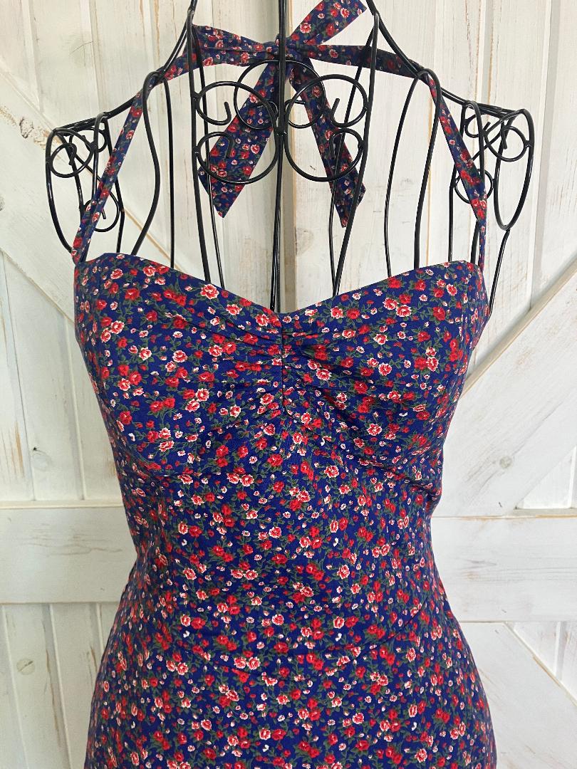 90's Vintage Betsey Johnson Blue Red Green Calico Halter Pin Up Midi Pencil Sundress Dress