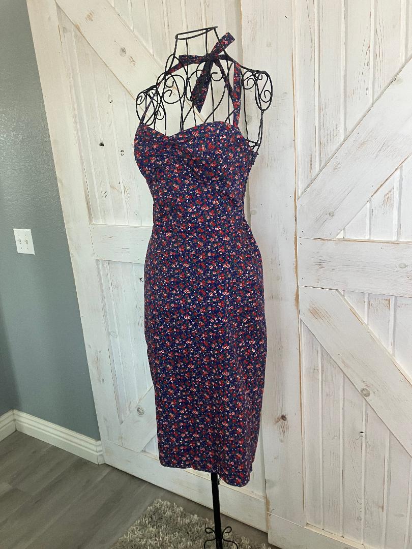 90's Vintage Betsey Johnson Blue Red Green Calico Halter Pin Up Midi Pencil Sundress Dress