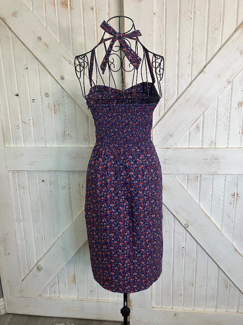 90's Vintage Betsey Johnson Blue Red Green Calico Halter Pin Up Midi Pencil Sundress Dress