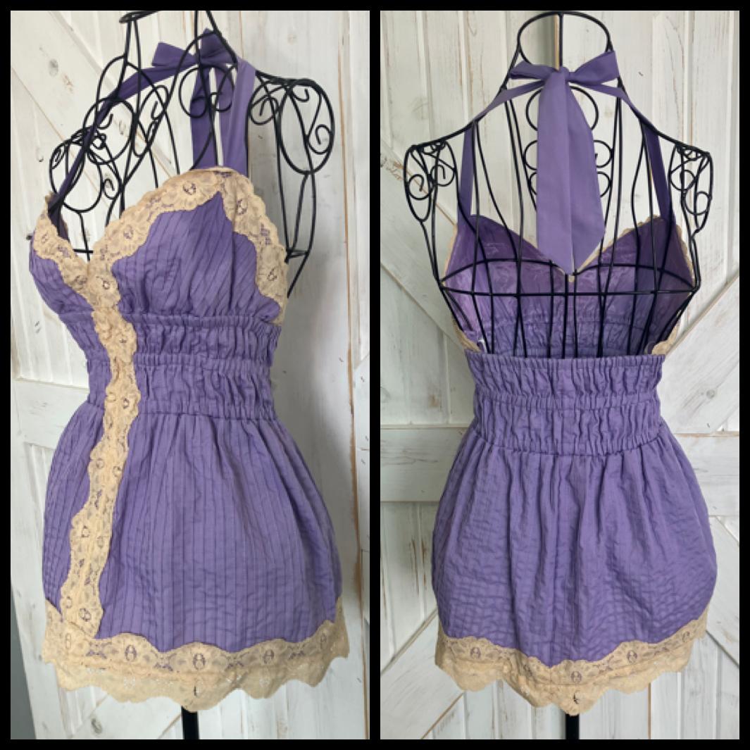 90's Vintage Betsy Johnson Purple Beige Lace Halter Retro New Wave Tank Top Blouse