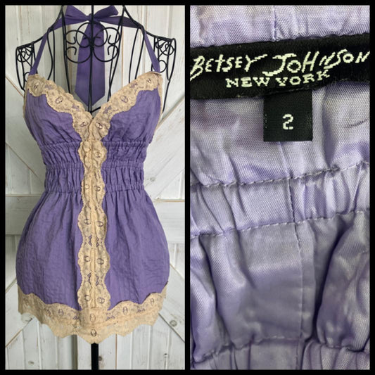 90's Vintage Betsy Johnson Purple Beige Lace Halter Retro New Wave Tank Top Blouse