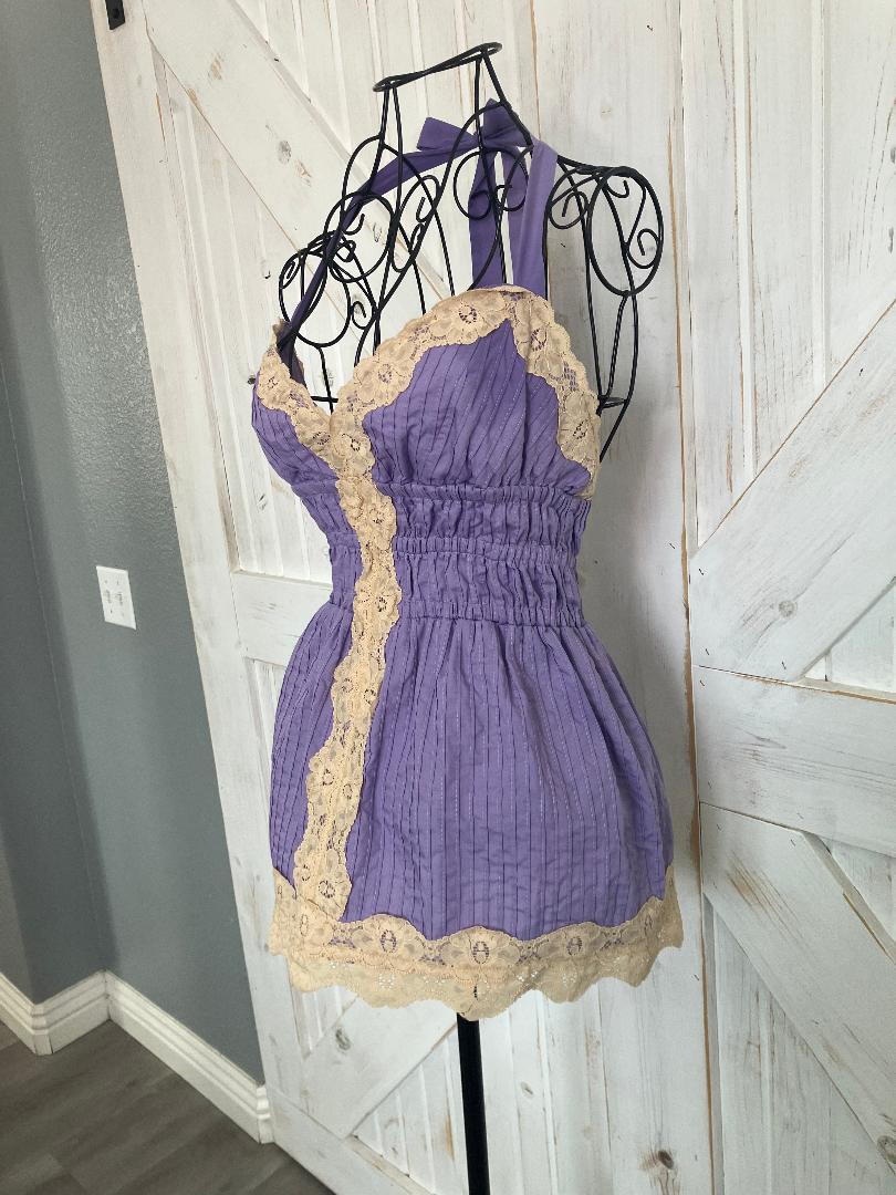 90's Vintage Betsy Johnson Purple Beige Lace Halter Retro New Wave Tank Top Blouse