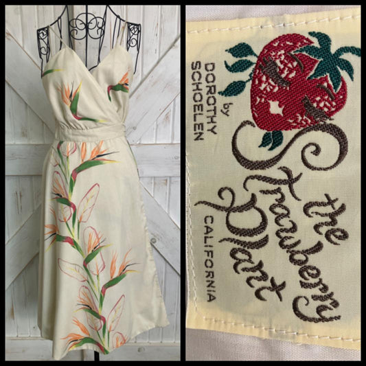 70's Vintage The Strawberry Plant Dorothy Schoelen Ivory Orange Green Bird of Paradise Wrap Sundress Dress