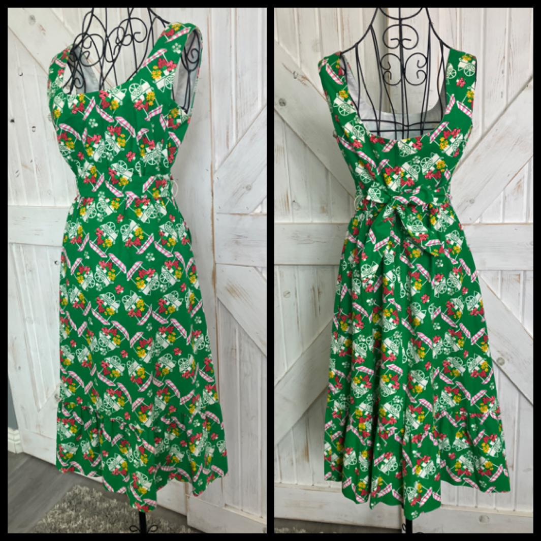 70's Vintage Malia Honolulu Green Pink White Flower Cart Novelty Print Hawaiian Midi Sundress Dress