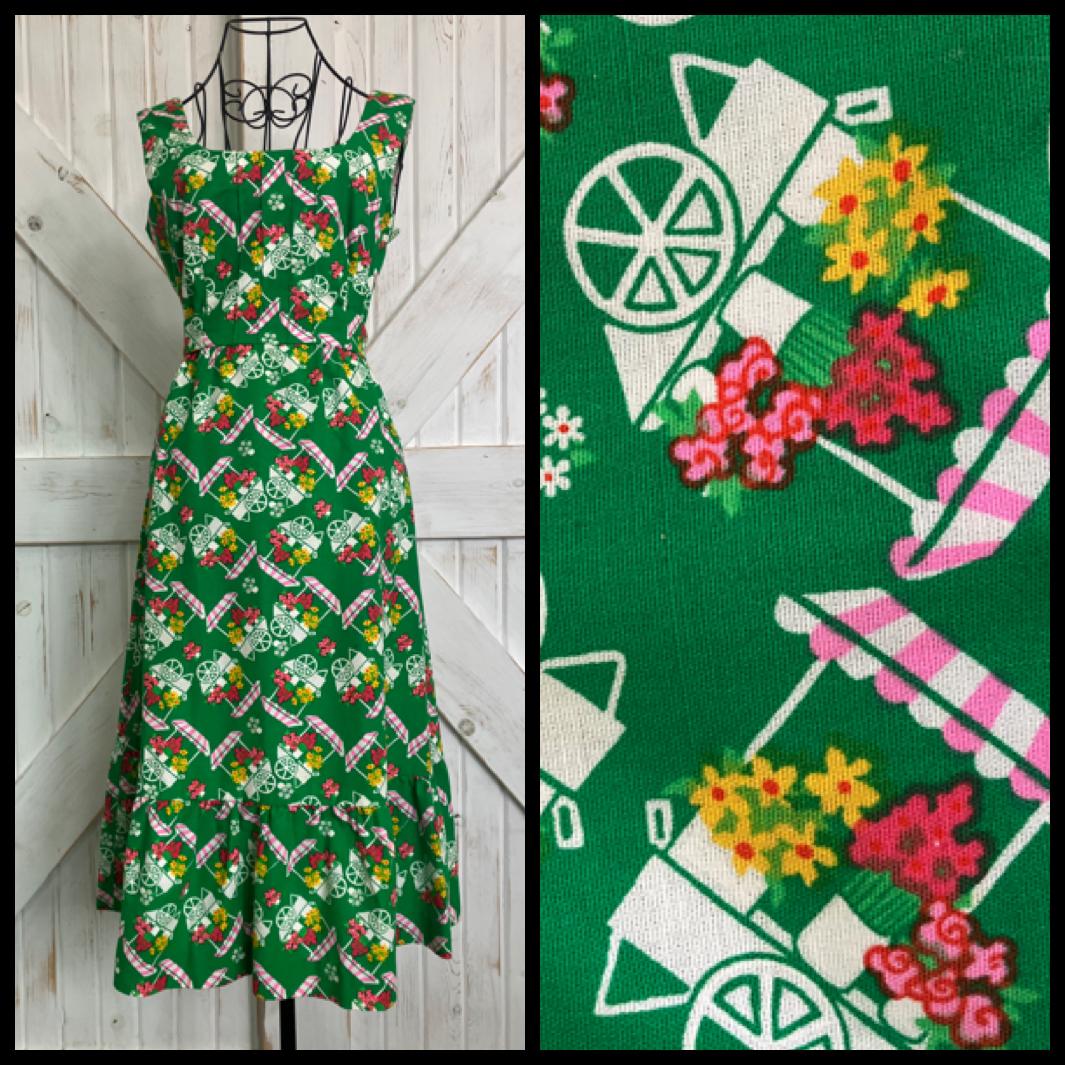 70's Vintage Malia Honolulu Green Pink White Flower Cart Novelty Print Hawaiian Midi Sundress Dress