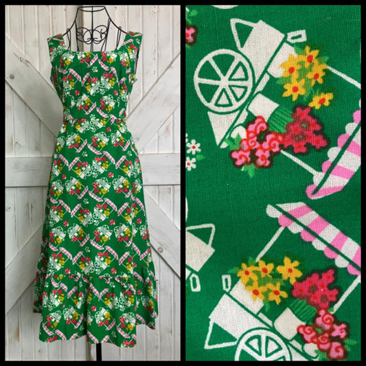 70's Vintage Malia Honolulu Green Pink White Flower Cart Novelty Print Hawaiian Midi Sundress Dress