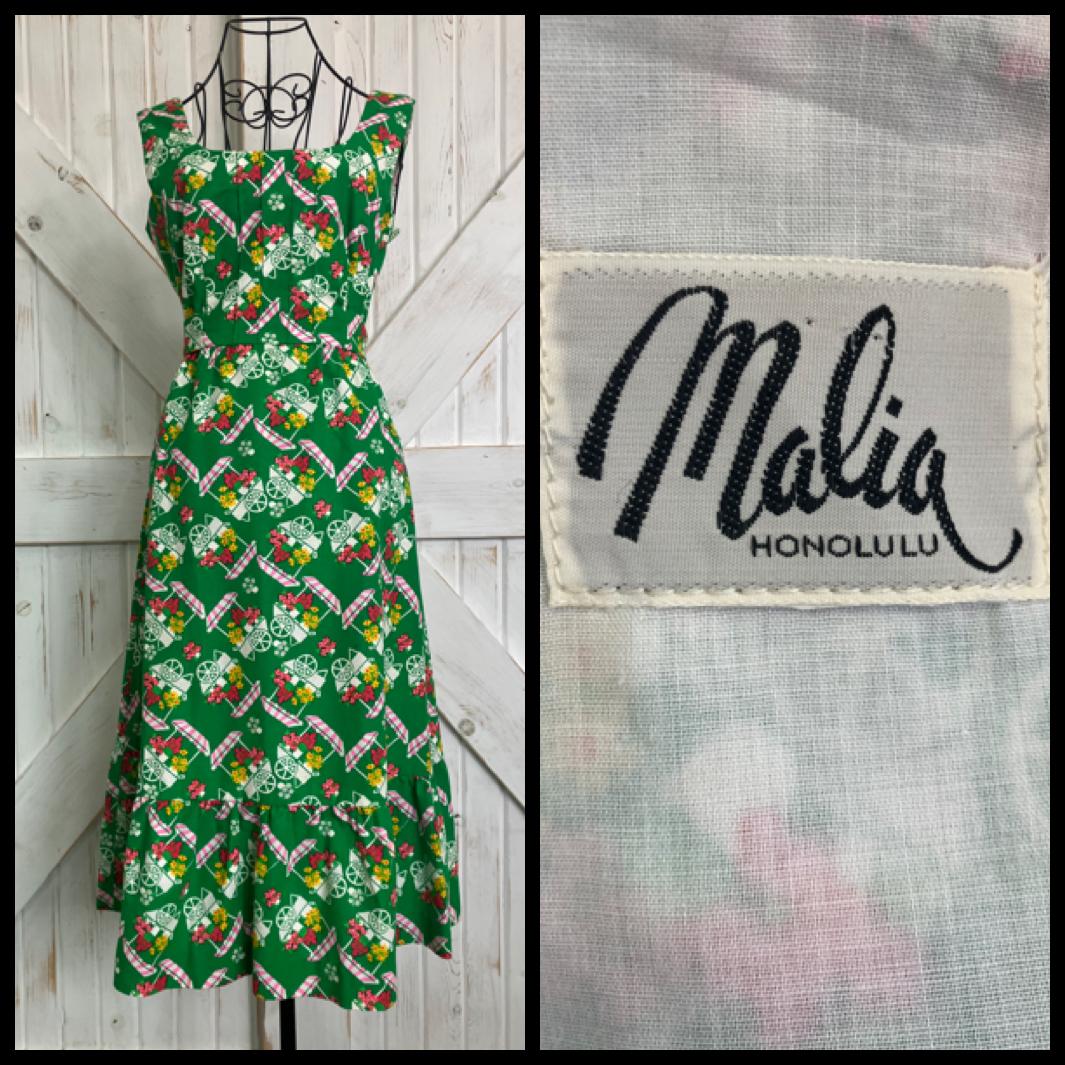 70's Vintage Malia Honolulu Green Pink White Flower Cart Novelty Print Hawaiian Midi Sundress Dress