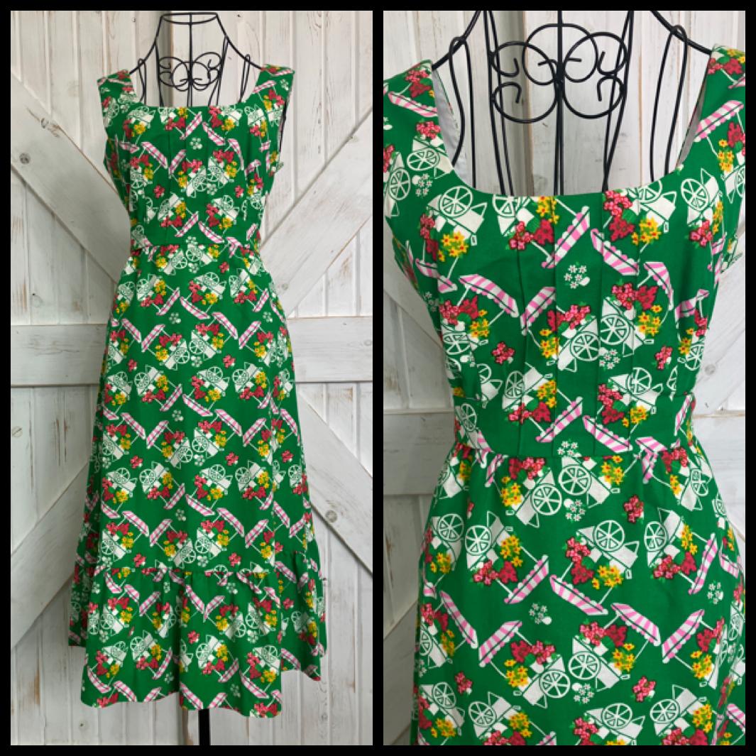 70's Vintage Malia Honolulu Green Pink White Flower Cart Novelty Print Hawaiian Midi Sundress Dress