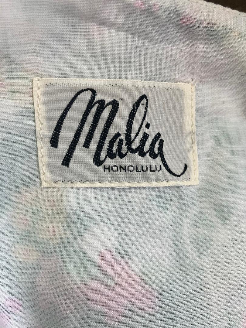 70's Vintage Malia Honolulu Green Pink White Flower Cart Novelty Print Hawaiian Midi Sundress Dress