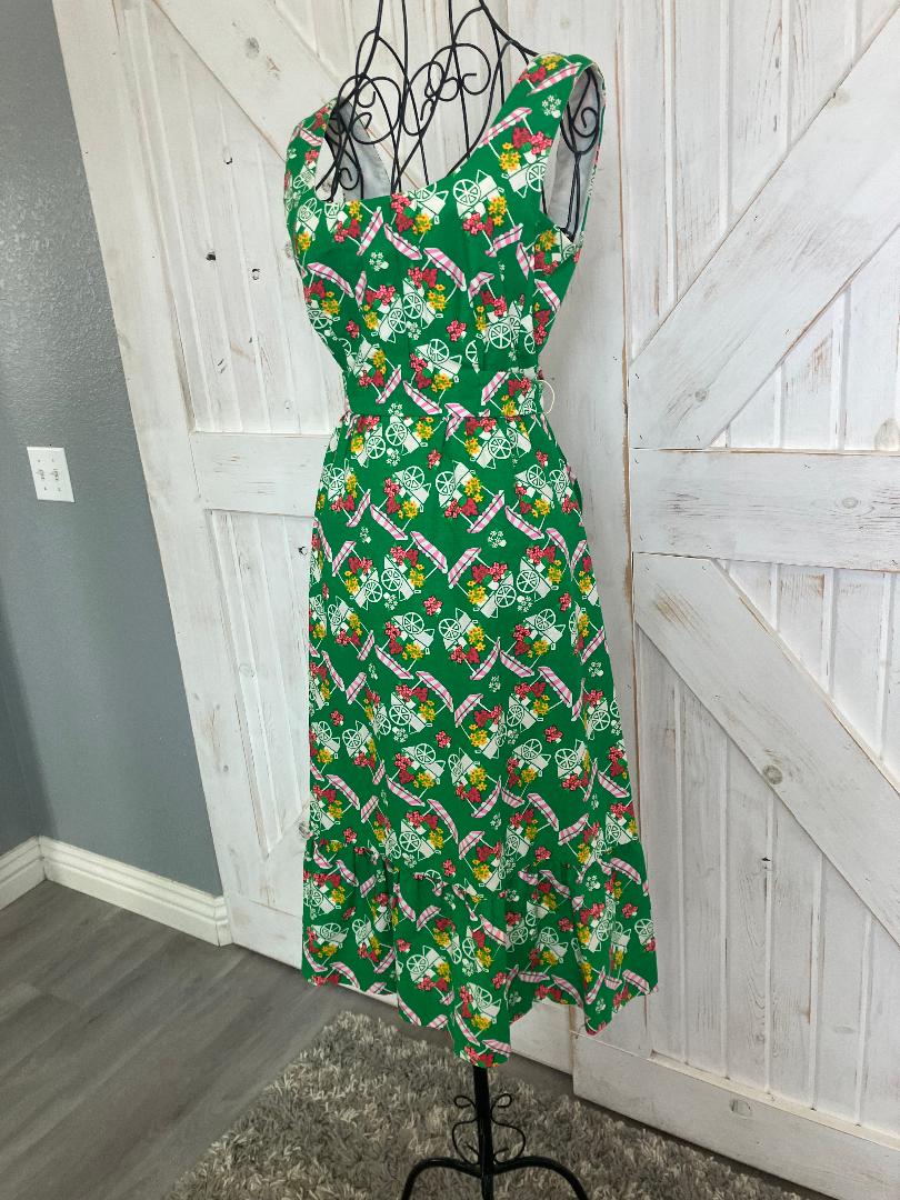 70's Vintage Malia Honolulu Green Pink White Flower Cart Novelty Print Hawaiian Midi Sundress Dress