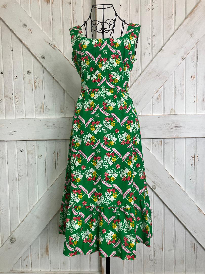 70's Vintage Malia Honolulu Green Pink White Flower Cart Novelty Print Hawaiian Midi Sundress Dress