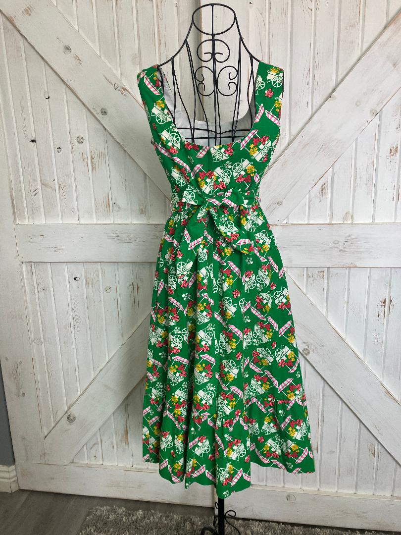70's Vintage Malia Honolulu Green Pink White Flower Cart Novelty Print Hawaiian Midi Sundress Dress