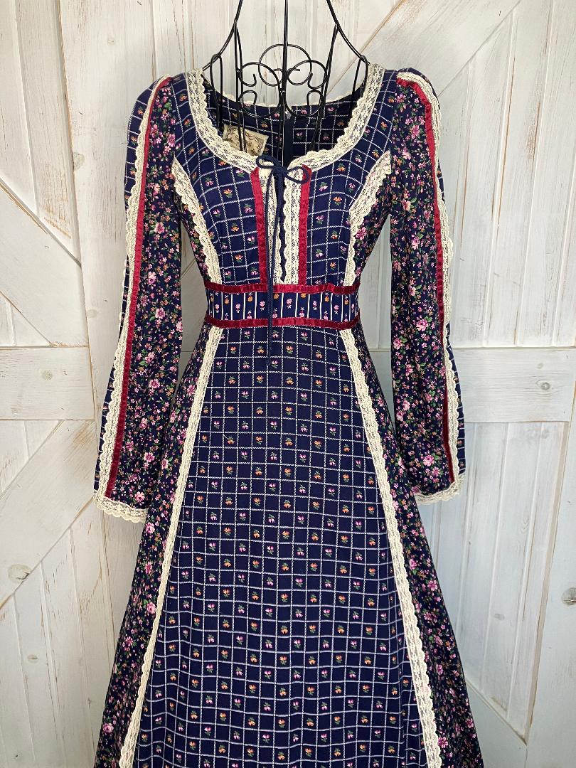 70's Vintage Gunne Sax Blue Red Pink White Calico Prairie Maxi Dress 7
