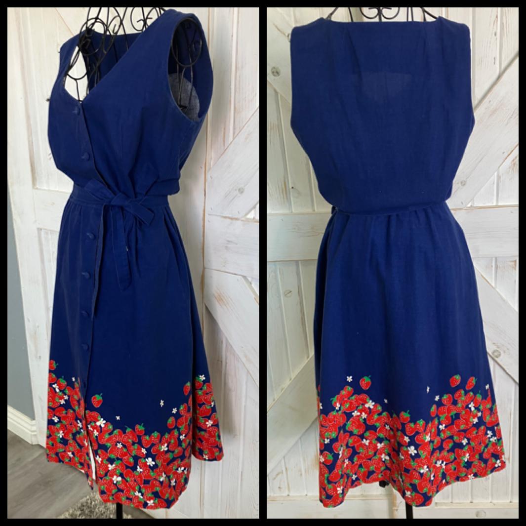 70's Vintage Malia Honolulu Blue Red Strawberry Novelty Print Hawaiian Midi Dress + Original Belt
