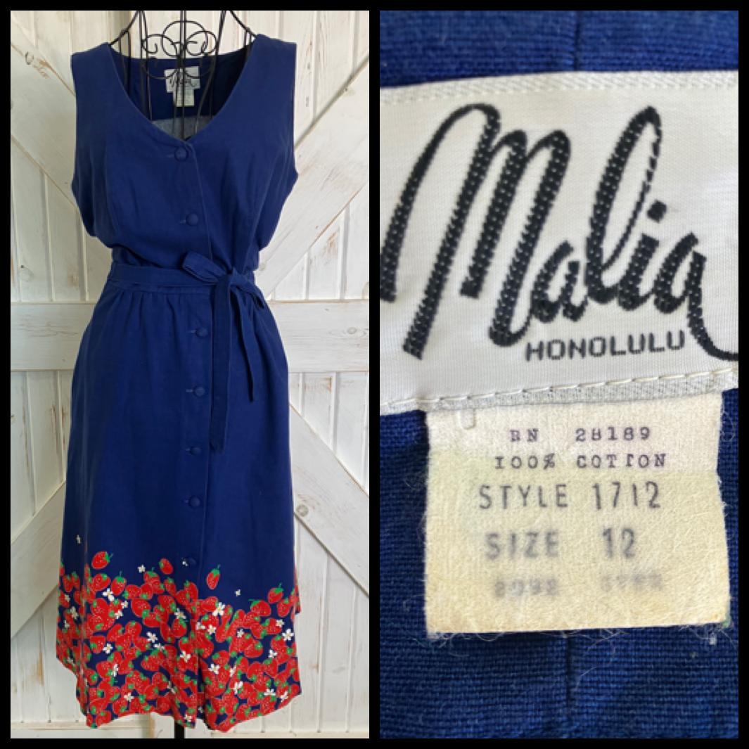 70's Vintage Malia Honolulu Blue Red Strawberry Novelty Print Hawaiian Midi Dress + Original Belt
