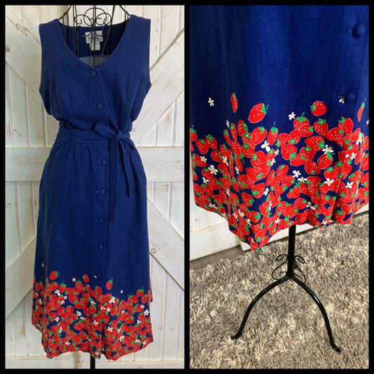 70's Vintage Malia Honolulu Blue Red Strawberry Novelty Print Hawaiian Midi Dress + Original Belt