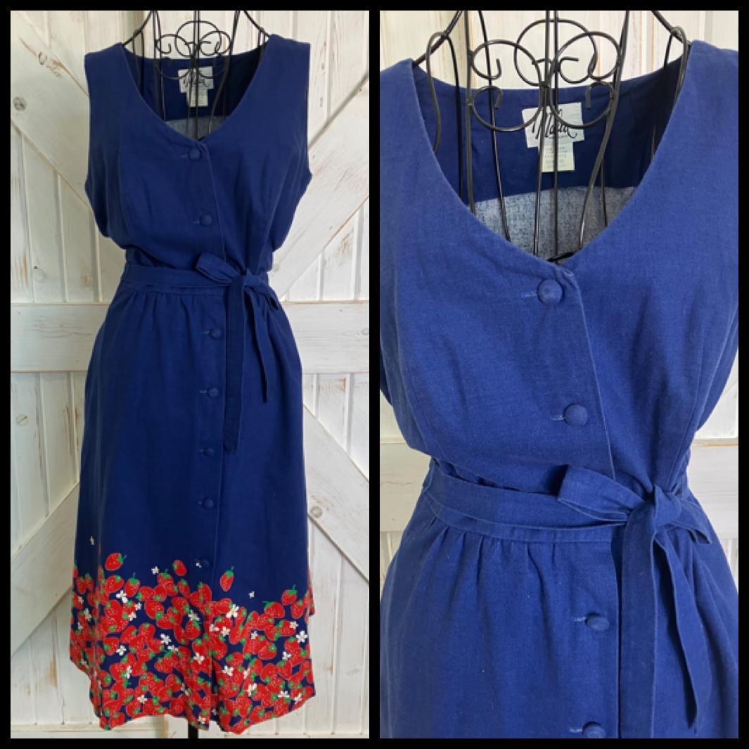 70's Vintage Malia Honolulu Blue Red Strawberry Novelty Print Hawaiian Midi Dress + Original Belt