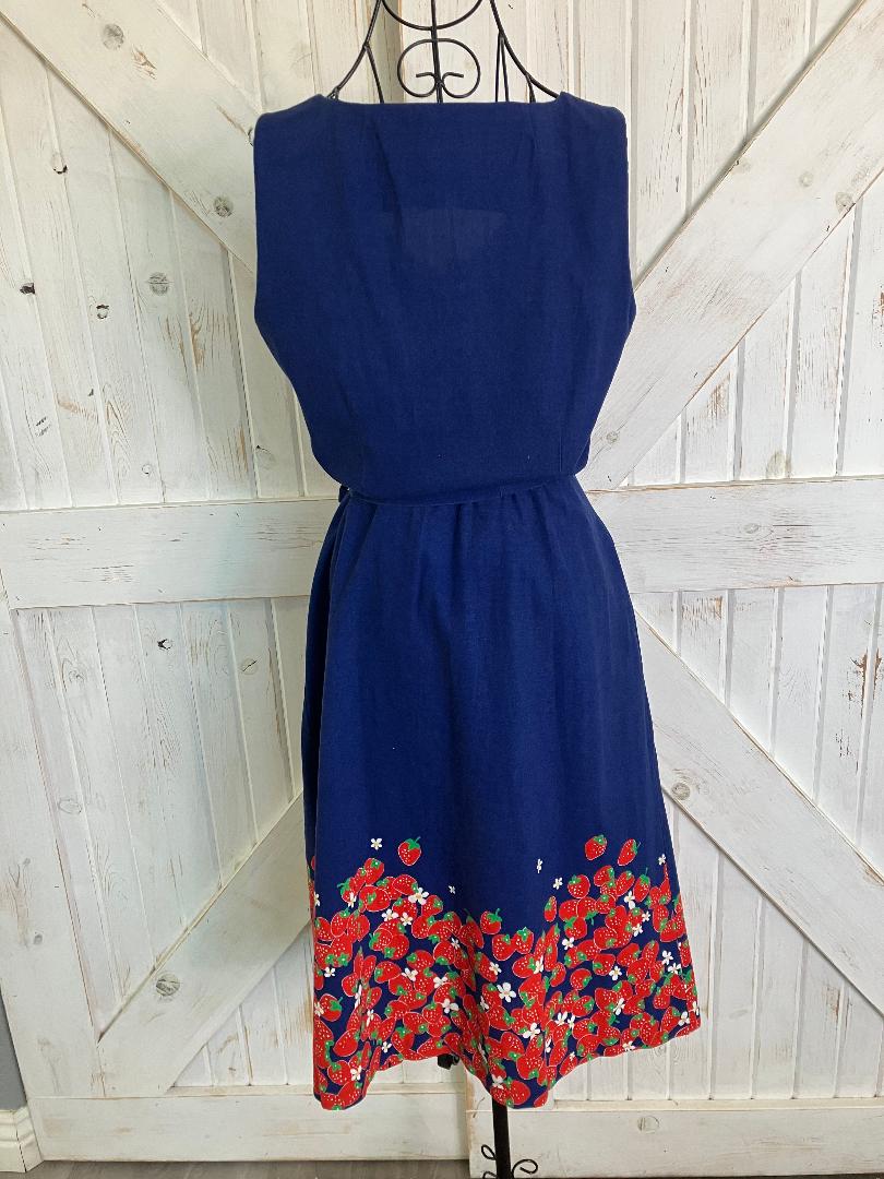 70's Vintage Malia Honolulu Blue Red Strawberry Novelty Print Hawaiian Midi Dress + Original Belt