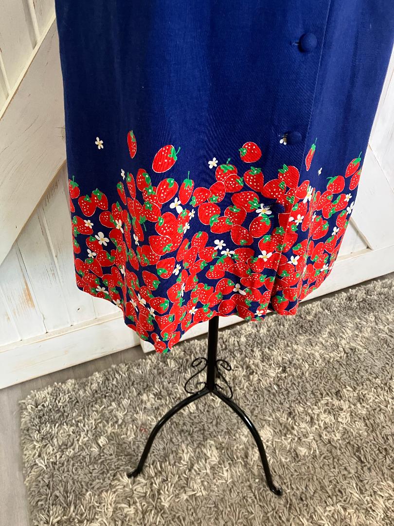 70's Vintage Malia Honolulu Blue Red Strawberry Novelty Print Hawaiian Midi Dress + Original Belt