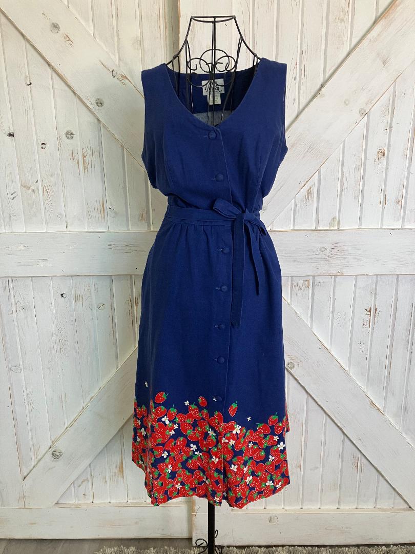 70's Vintage Malia Honolulu Blue Red Strawberry Novelty Print Hawaiian Midi Dress + Original Belt