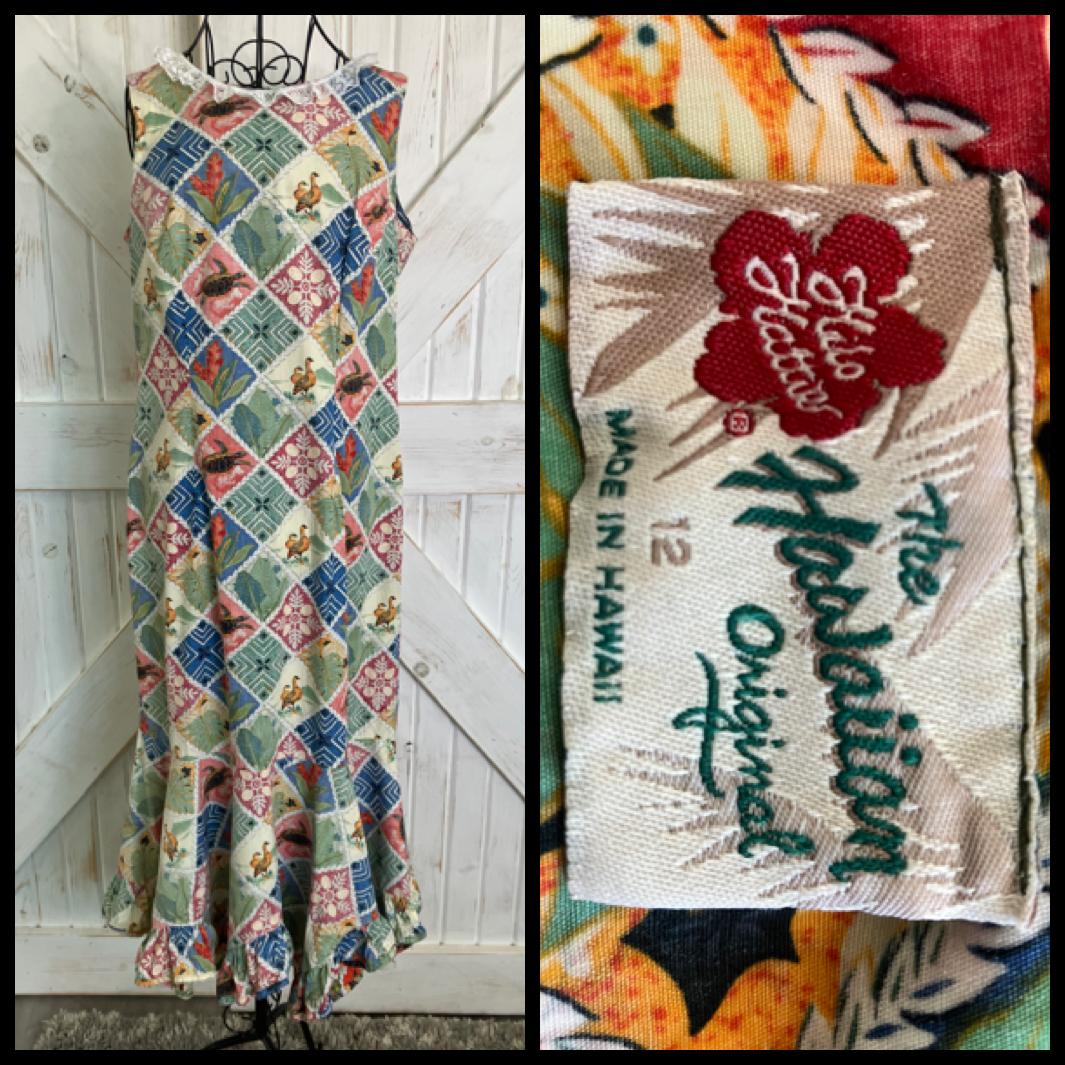90's Vintage Hilo Hattie Patchwork Novelty Print Blue Green Turtles Birds Hawaiian Sundress Dress