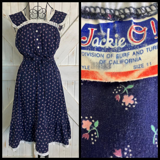 70's Vintage Jackie O California Blue Pink Green White Calico Prairie Day Sundress Mini Dress + Original Belt