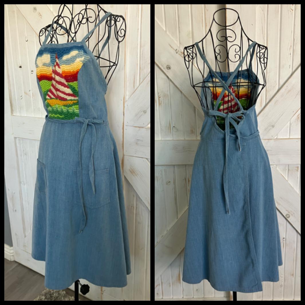 80's Vintage Denim Blue Jean Nautical Rainbow Crewel Sailboat Wrap Sundress Midi Dress