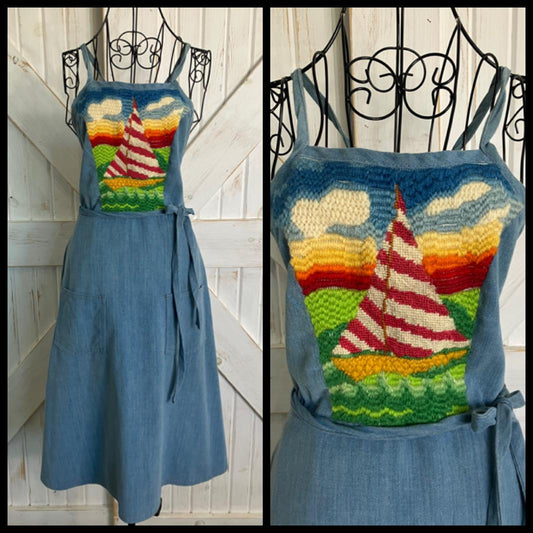 80's Vintage Denim Blue Jean Nautical Rainbow Crewel Sailboat Wrap Sundress Midi Dress