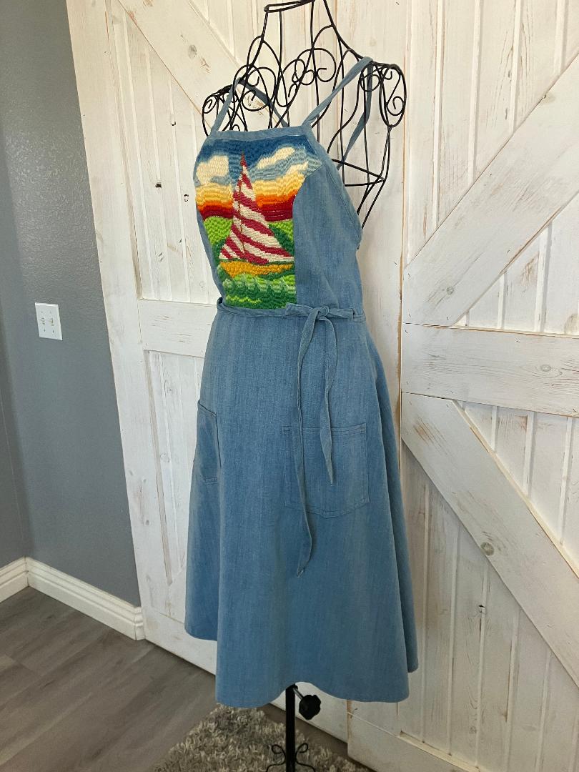 80's Vintage Denim Blue Jean Nautical Rainbow Crewel Sailboat Wrap Sundress Midi Dress